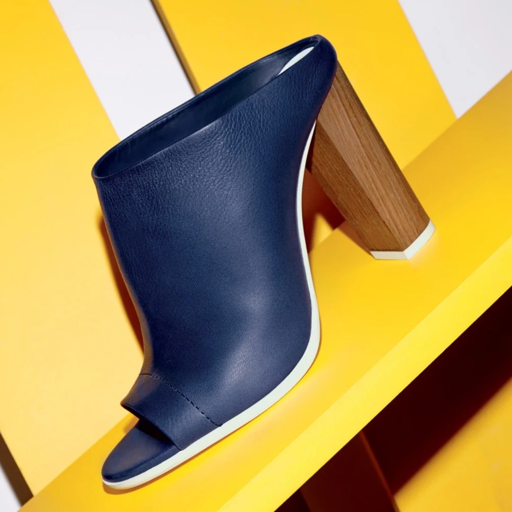 Vince Deep Blue Mules with Wooden Heel